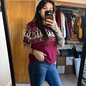 Unique Vintage Burgundy and White Graphic Sweater